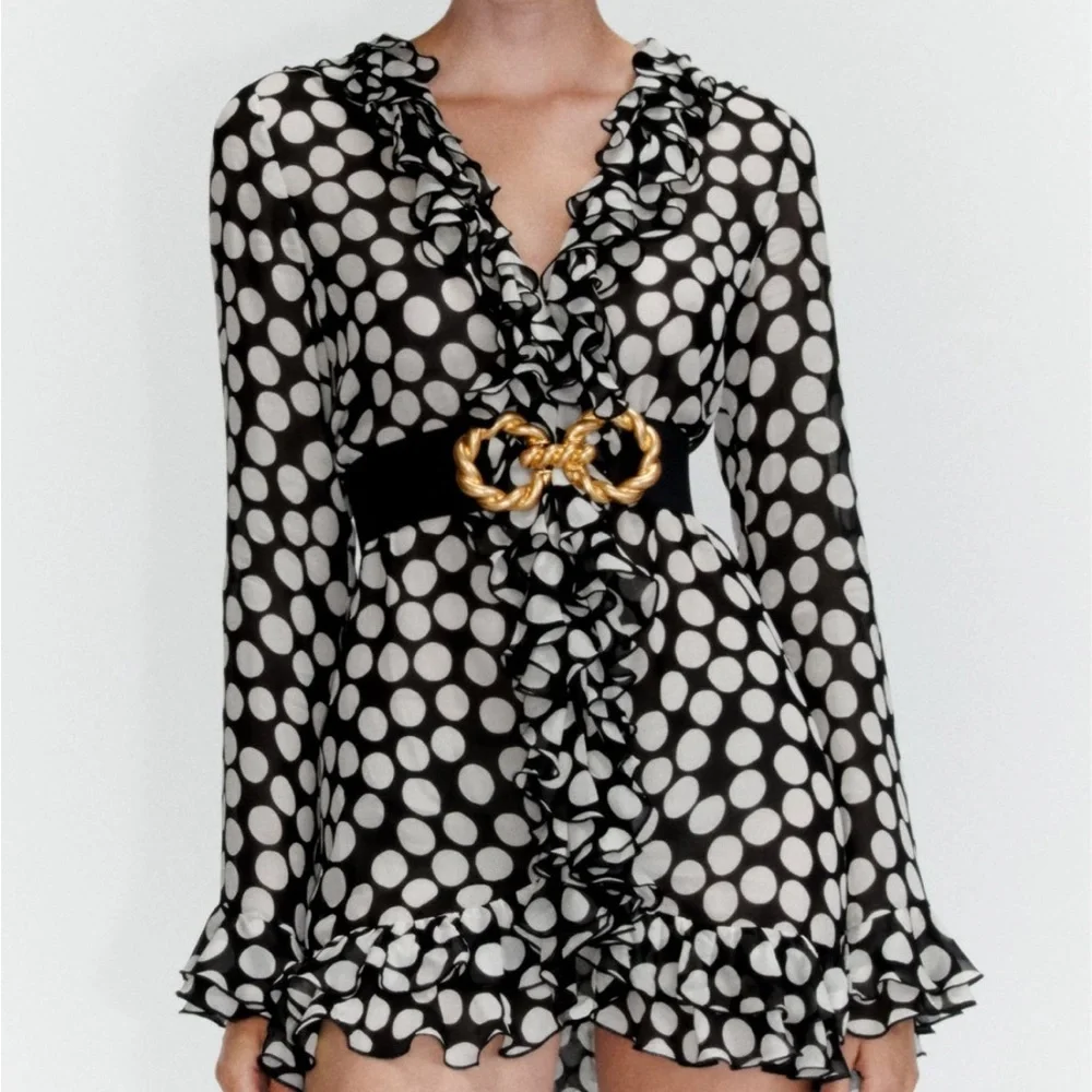 Zara Ruffled Polka Dot Blouse Dress - Small - Picture 3 of 12